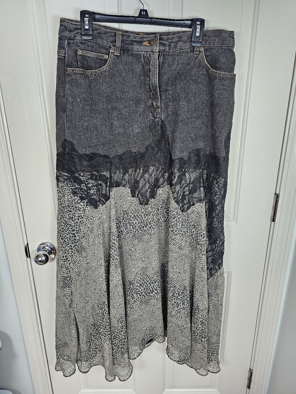 Vintage Vtg Jeanology 1980s DENIM & chiffon Snake Lace Midi Skirt size 14